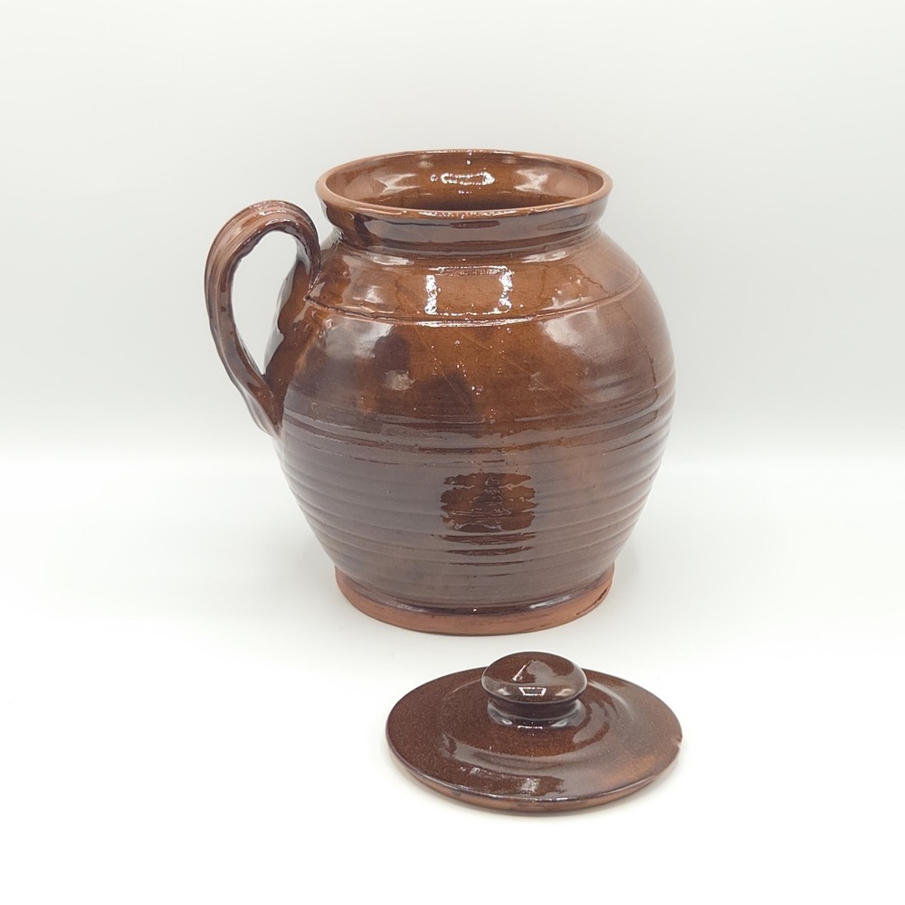 Primitive Style Earthenware Bean Pot with Lid Brown Glaze Crock Jar 8in